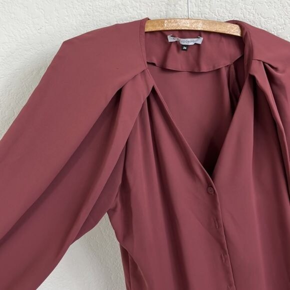 Adolfo Dominguez Draped Pleated Sleeve V Neck Button Blouse - Picture 3 of 6